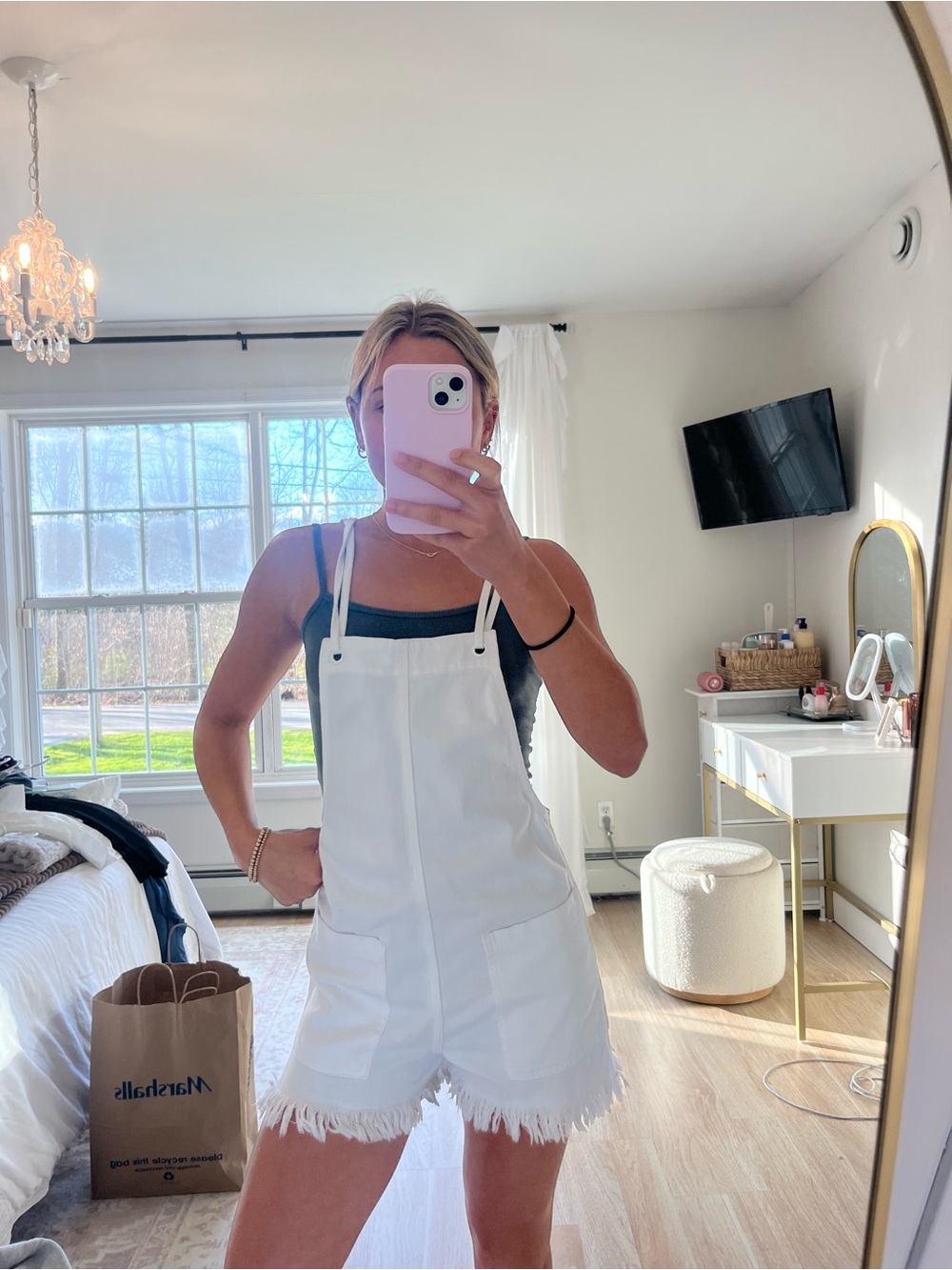 aerie White Denim Overall Shorts